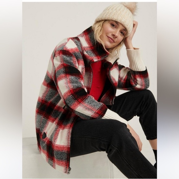 Lucky Brand Wool Oversized Buffalo Checker Plaid Zip Jacket Shacket - Picture 2 of 16